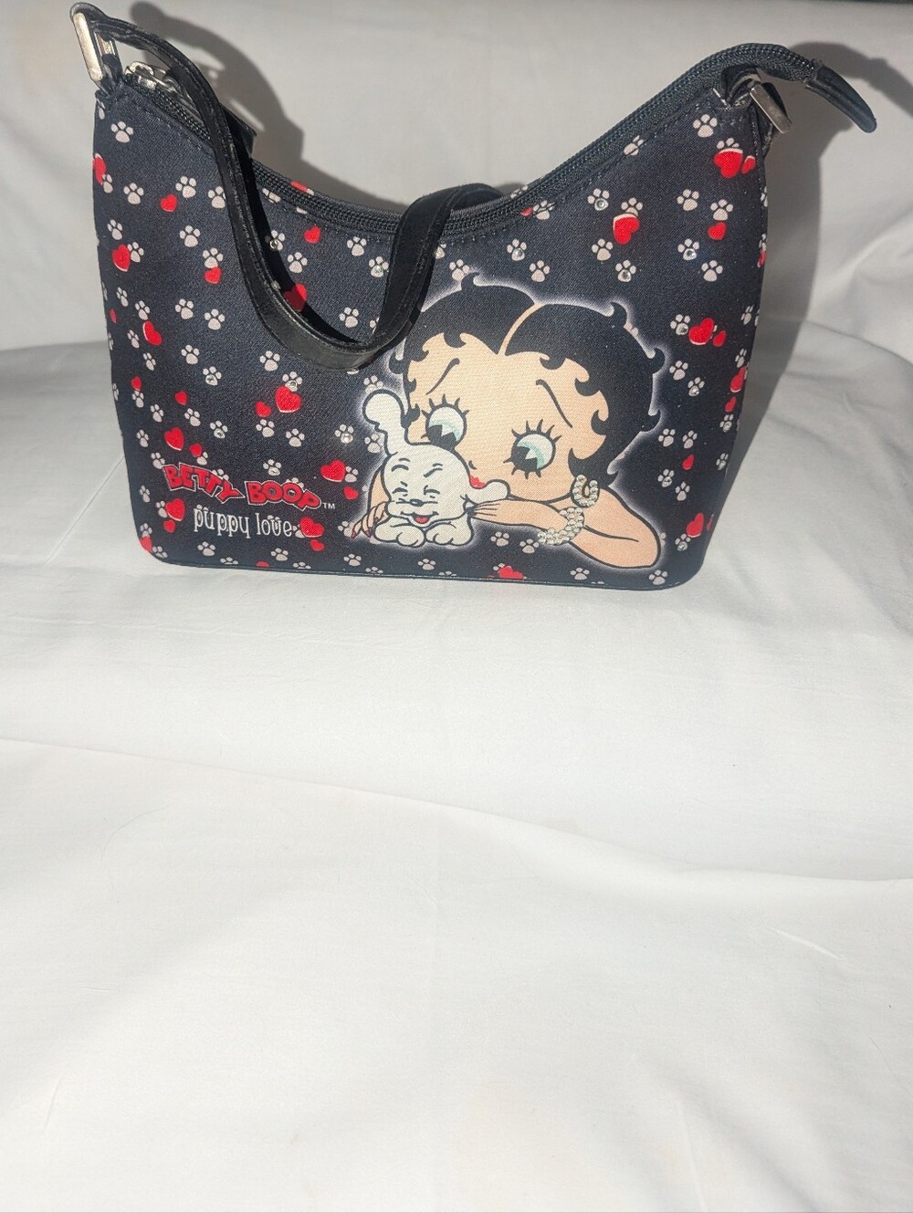 Vintage Betty Boop Puppy Love Black Shoulder Bag with Red & White Paw Prints
